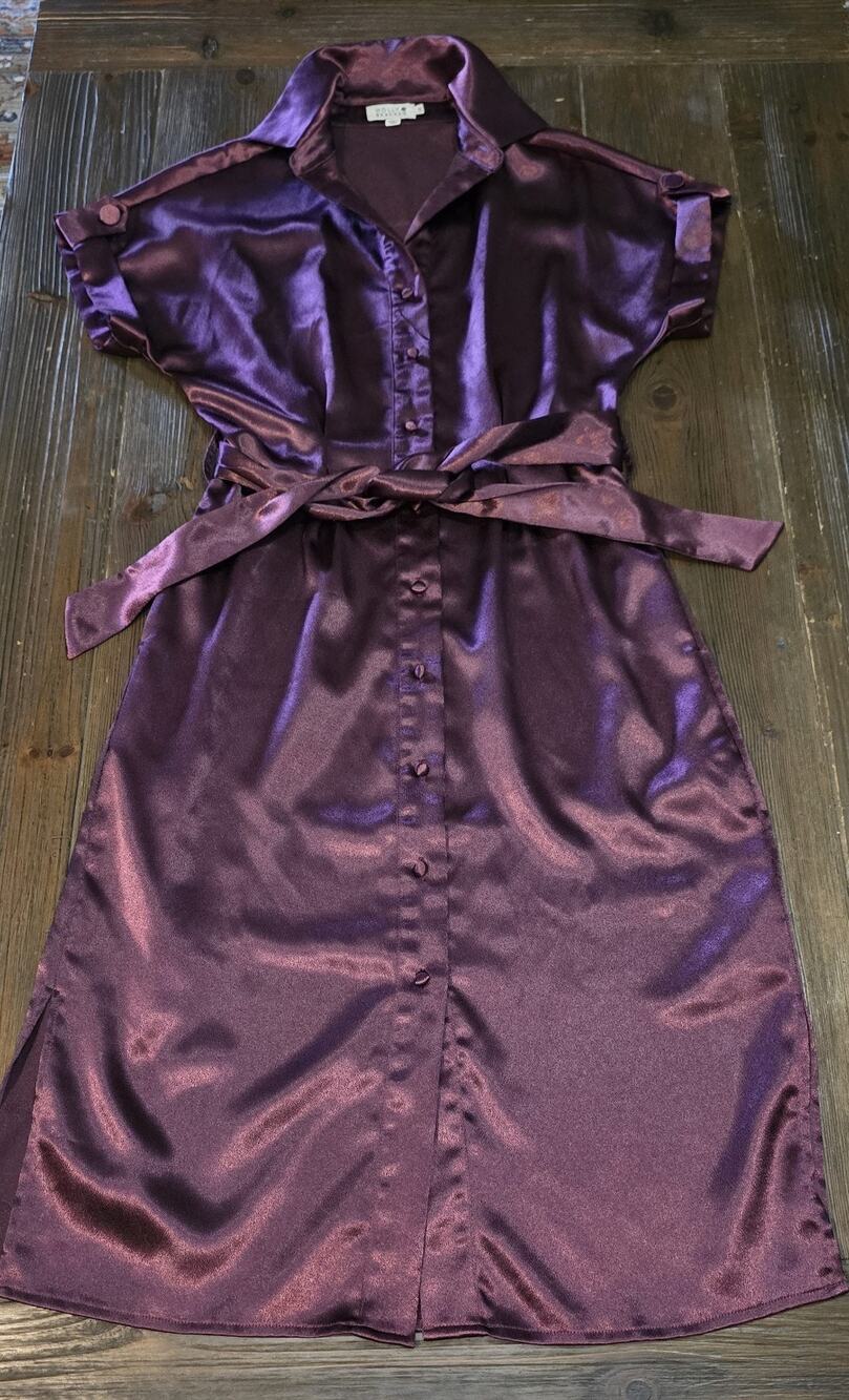 Molly Bracken Satin Dress Small Belted Short Sleeve Mini Button Front